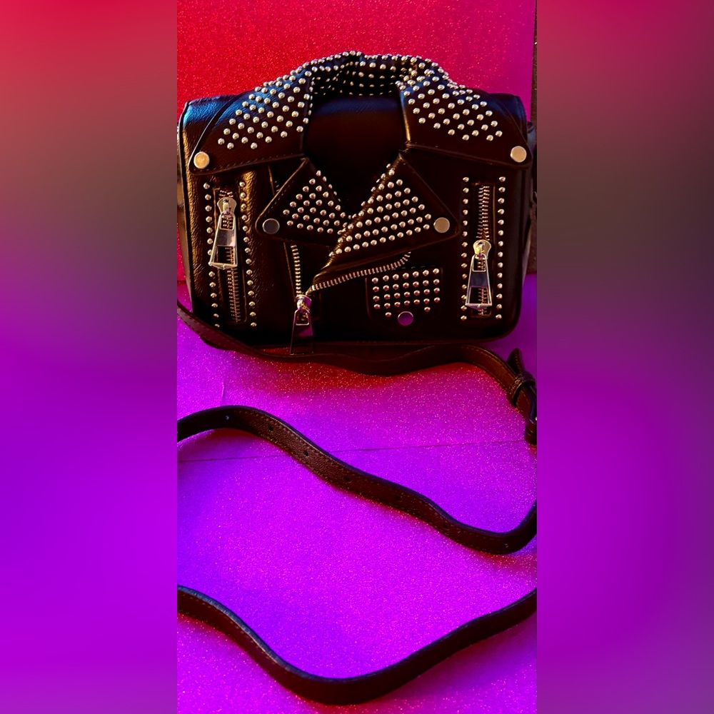 Motorcycle Jacket Inspired Studded Black Leather Crossbody or Clutch Bag NWWT - Picture 5 of 16